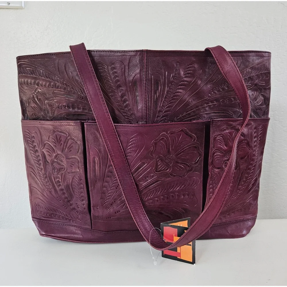 Leaders In Leather Hand-Tooled Tote Bag Burgundy Floral Boho Western Shoulder